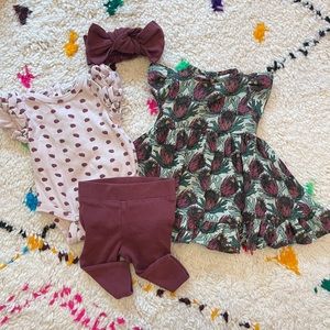 SOLD Kate Quinn 4 Piece Bundle: Bodysuit, Dress, Leggings & Bow (S 3-6m)